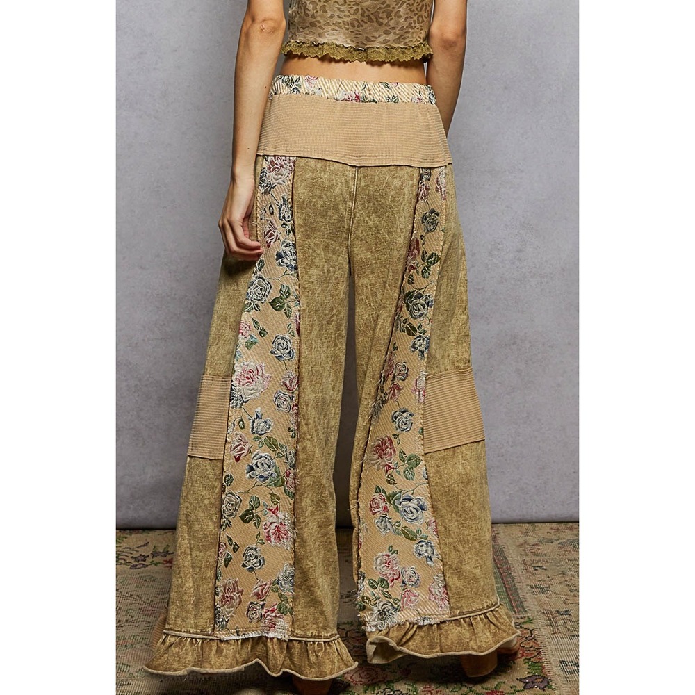 POL Boho French Terry Patchwork Floral Ruffle Hem Wide Leg Pants Tan MEDIUM - Picture 6 of 7